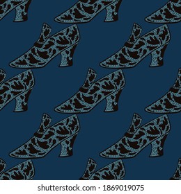 Dark seamless moder pattern with leather women shoesh shapes. Navy blue background. Vector illustration for seasonal textile prints, fabric, banners, backdrops and wallpapers.
