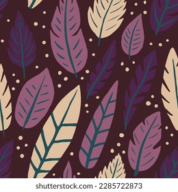 Dunkles Nahtloses Native Plumage Surface Design. Gelbe, mehrfarbige, klassische Federn, nahtloser Hintergrund. Pastel wiederholt Retro Quill Stoffhintergrund. Federn