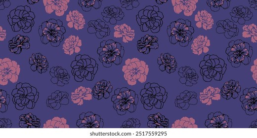 Padrão escuro sem costura com formas artísticas abstratas botões, flores de pansies no fundo violeta. Impressão floral estilizada criativa. Mão de vetor desenhada. Ornamento de natureza na moda para desenhos