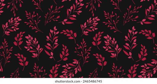 Dark seamless pattern with abstract shapes tiny branches, little flowers buds. Small red silhouettes floral stems printing on a black background. Vector hand drawing sketch. Simple ornament 