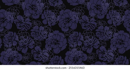 Padrão escuro sem emenda com formas abstratas botões, flores de pansies. Silhuetas de contorno criativo, linhas, contornos impressão floral. Mão de vetor desenhada. Ornamento de natureza exclusivo para designs