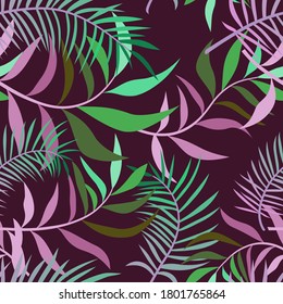Dark seamless pattern with abstract tropical leaves. From green to violet colours graduation. Jungle foliage silhouettes for repeatable decorative ornament. Vector illustration.