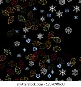 Dark seamless pattern. Autumn leaves and snowflakes whirl in a whirlwind against a black background. Print for textiles. Vector illustration.
