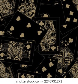 Dark seamless pattern background of playing cards in beige linear drawing on black. Vector illustration
