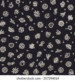 Dark Seamless Pattern with Bacteria and Germs for Medical Design. Editable pattern in swatches.