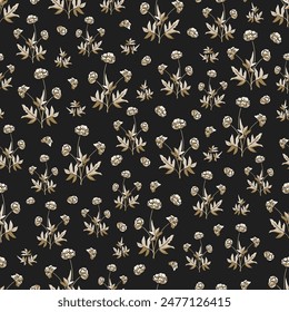 Dark seamless pattern with beige and white wildflowers on black background. Meadow with globe flowers or buttercups. Monochrome vector print, fabric printing for clothes, linens, interior textile.