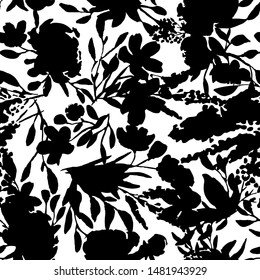 Dark seamless pattern with black flowers and leaves. Peonies, wildflowers, poppies. Abstract floral spring, summer pattern. Black and white background for weddings, fabrics, packaging.