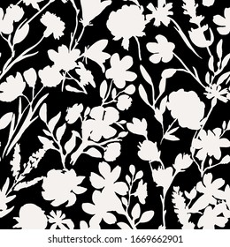 Dark seamless pattern with black flowers and leaves. Peonies, wildflowers, poppies. Abstract floral spring, summer pattern. Black and white background for weddings, fabrics, packaging.