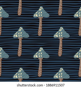 Dark seamless pattern with blue and brown mushroom ornament. Striped background. Perfect for fabric design, textile print, wrapping, cover. Vector illustration.