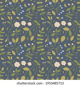 Dunkles, nahtloses Muster mit blauen und rosafarbenen Blumen und Blättern. Für Drucke, Hintergründe, Umhüllungspapier, Textilien, Tapeten usw.
