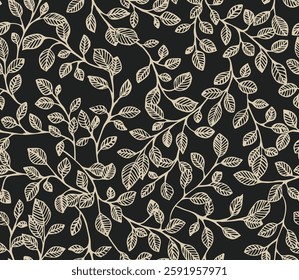 Dark seamless pattern with branches and leaves
