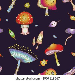 Dark seamless pattern with bright mushrooms and drops and leaves