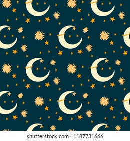 Dark Seamless pattern with cartoon new moon character & stars. Yellow color on blue background. For kids. Ideal for textile.