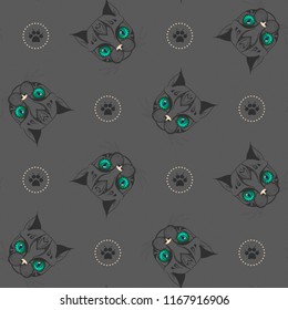 Dark seamless pattern with cat and feline trace