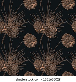 Dark seamless pattern of Christmas golden cedar branches with cones