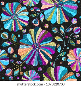 Dark seamless pattern with colorful flowers and dots. Vector image. Eps 10