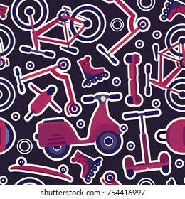 Dark seamless pattern with contrast purple fashion teenager city transport in sticker style. Bright youth urban ecological transport texture for textile, background, wrapping paper, cover, package