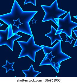 Dark seamless pattern with cool blue neon laser outline stars on black background