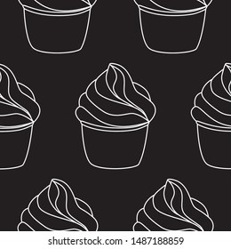Dark seamless pattern with cupcakes. Vector hand drawn Illustration. Line art style dessert isolated on black background. Can be used as packaging, wrapping paper, wallpaper. 