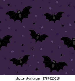 Dark seamless pattern with cute bat with manga style face. Abstract vector illustration for Halloween night party. Purple background.