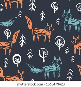 Dark seamless pattern with cute sketchy orange foxes and blue wolfs in white snowy fir forest on black. Cute woodland animals ink hand drawn texture for kids design, wallpaper, textile, wrapping paper