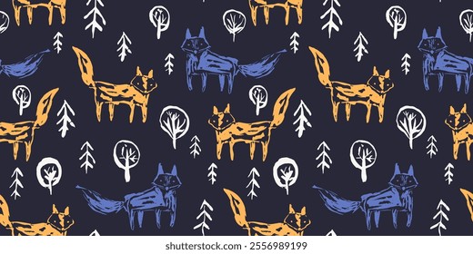 Modelo inconsútil oscuro con los zorros anaranjados incompletos lindos y los lobos azules ultramarinos en bosque blanco del abeto de la nieve. Impresión de animales del bosque del bosquejo del contraste para la materia textil de los niños, papel de embalaje, diseño superficial