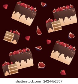 Dark seamless pattern with decorated cake, strawberry, figs. Baking, bakery shop, cooking, sweet products, dessert, pastry concept. Perfect for product design, scrapbooking, textile, wrapping paper