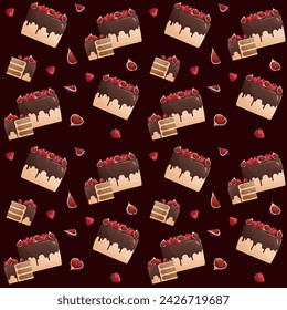 Dark seamless pattern with decorated cake, strawberry, figs. Baking, bakery shop, cooking, sweet products, dessert, pastry concept. Perfect for product design, scrapbooking, textile, wrapping paper