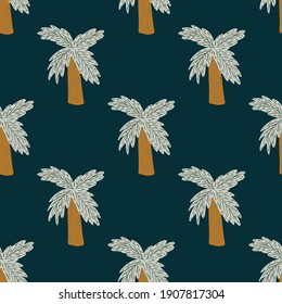 Dark seamless pattern with doodle hand drawn palm tree silhouettes. Navy blue background. Cartoon style. Graphic design for wrapping paper and fabric textures. Vector Illustration.