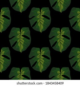 Dark seamless pattern with doodle monstera leaves silhouettes. Simple green silhouettes on black background. Decorative backdrop for fabric design, textile print, wrapping, cover. Vector illustration