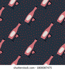 Dark seamless pattern with doodle wine ornament. Pink bottle and glass on dotted background. Perfect for wallpaper, textile, wrapping paper, fabric print. Vector illustration.