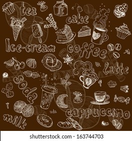 Dark seamless pattern with drinks and sweets