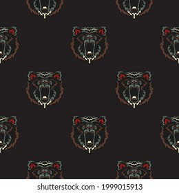 Dark seamless pattern with faces of bears. Baroque colors. Good for murals, textiles and printing. Vector illustration.