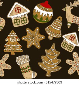 Dark Seamless pattern with gingerbread christmas trees, deer, christmas decoration, snowflakes, sock, colored hand drawn sketch