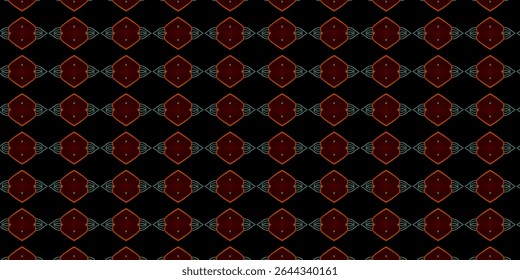 Dark seamless pattern with glowing red-orange diamond shapes and teal accents. A bold geometric design perfect for modern fashion, print, or digital use.