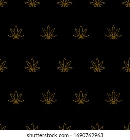Dark seamless pattern with gold outline cannabis leaves on black background. Vector illustration.