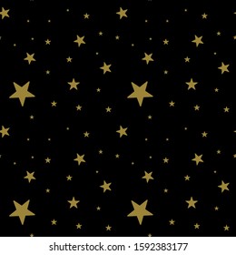 Dark seamless pattern with gold stars on black background. Vector illustration.