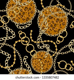 Dark seamless pattern with golden chain and animal skin background for fabric. Trendy repeating leopard print.