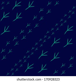 Dark seamless pattern with green bird footprints on a deep-blue background