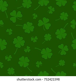 Dark seamless pattern with green clovers. Vector illustration. EPS 10. Green clovers in simple cartoon style.