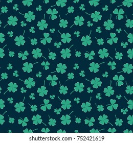 Dark seamless pattern with green clovers. Vector illustration. EPS 10. Green clovers in simple cartoon style.