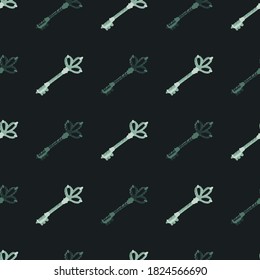 Dark seamless pattern with hand drawn keys elements. Century abstract simple forms on black background. Perfect for wallpaper, textile, wrapping paper, fabric print. Vector illustration.