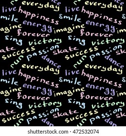 Dark seamless pattern with hand written words. Vector. Isolated.