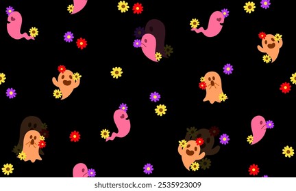 Dark seamless pattern Happy Halloween day. Collection of cute ghost characters. Cheerful kind scary ghosts. Big collection of flying ghosts. Hand drawn spooky.