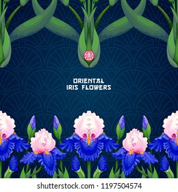 Dark seamless pattern with horizontal border of iris flowers. Oriental style