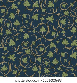 Dark seamless pattern. Intertwining vine with green leaves.