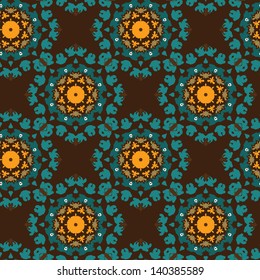 Dark seamless pattern with kaleidoscope flowers