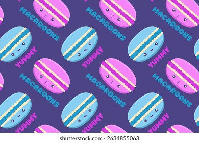 Dark seamless pattern with kawaii macarons and playful texts “YUMMY” and “MACAROONS”. Ideal for food prints, packaging, kids' products, or digital designs with a cute twist.

