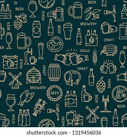 Dark seamless pattern kraft beer icons in modern style on the theme of beer, its production and use in vector format. Line style icons in this pattern.