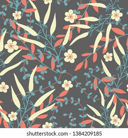 Dark seamless pattern with leaves, branches and flowers. Vector design. Floral background.